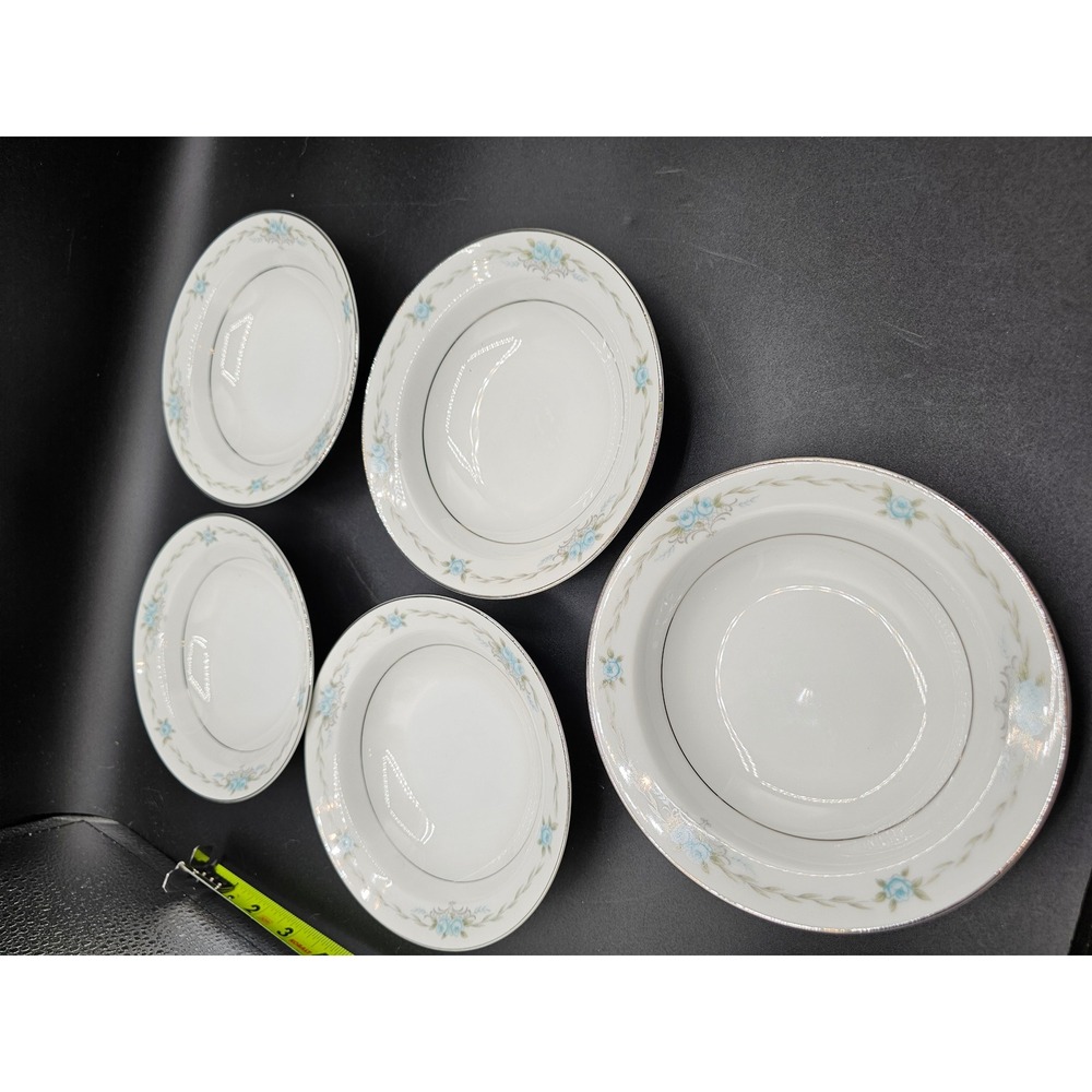 Style House Corsage Fine China 5 Piece Bowl Set Blue Floral Silver Trim Japan